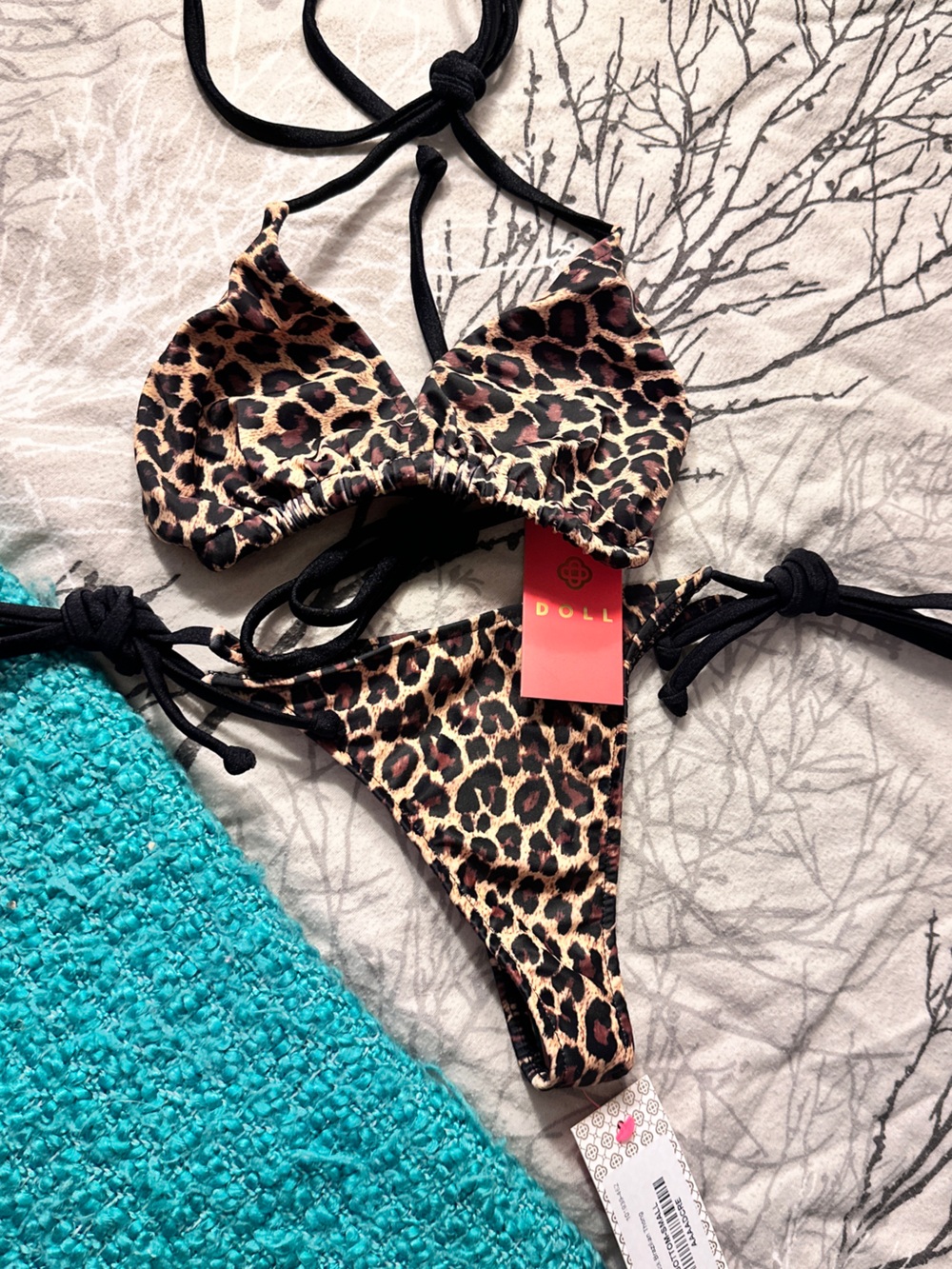 Doll Swimwesr Leopard Print String Bikini Top and Bottom - Black Trim